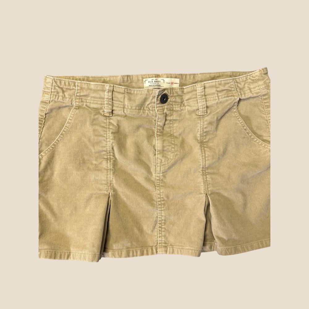 Old Navy Sz 10 Tan Corduroy Micro Mini Skirt Y2K Pleated Stretch Pockets Preppy